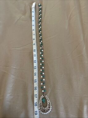 Silver Teardrop Pendant Necklace with Turquoise Beads and Cross Accent